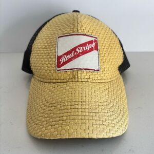 Red Stripe Straw Mesh Trucker Hat by Virtus – Vintage Style Beer Logo Cap